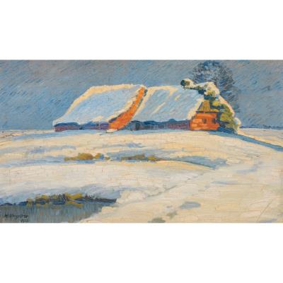Verschneite Häuser in Winterlandschaft