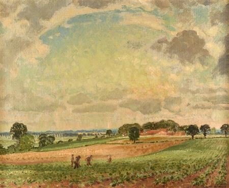 Figures working in a open field under changing skies