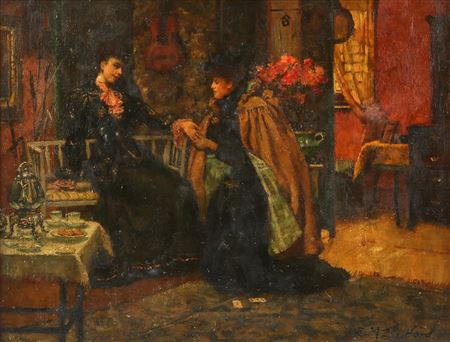 A Female Figure Reading the Palm of a Young Lady in a Parlour Laid Out for Tea by Ella M Bedford - Auction record, sale price, and art valuation. Compare with similar artists and explore comparable artworks.