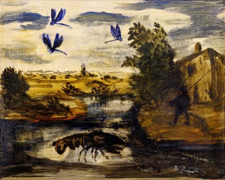 Crayfish, dragonflies, fisherman in the landscape