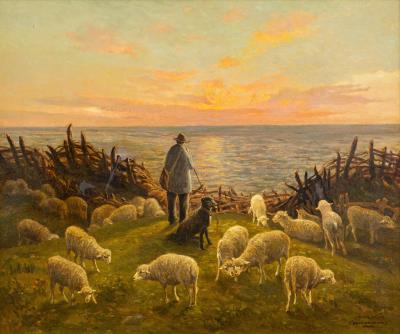 Shepherd with his flock at the Bay of Arcachon