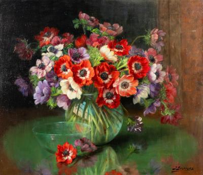 Bouquet of Anemones in a Glass Bowl
