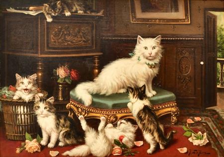 Cats Playing in a Parlor by Jules Gustave Leroy Jr - Auction record, sale price, and art valuation. Compare with similar artists and explore comparable artworks.
