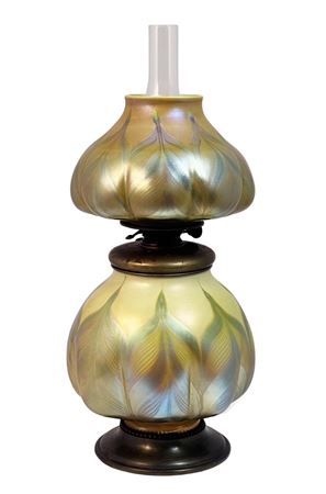 Decorated Favrile Glass Kerosene Table Lamp