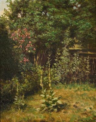 Summer day with view of a river bank with trees and flowers