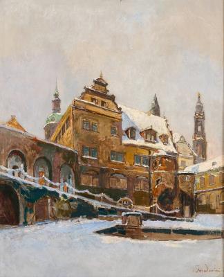 View of the snow-covered inner courtyard of the Dresden Stallhof