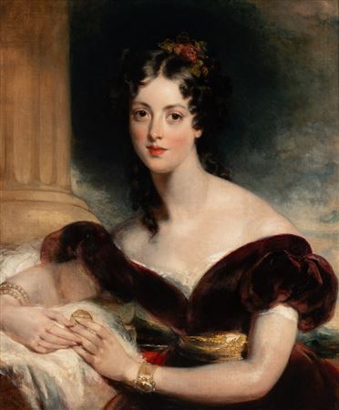 Portrait of the Artist's Sister Sarah Wyatt Gray, née Wood (b. 1812), half-length, in a red dress sitting next to a column, 1832
