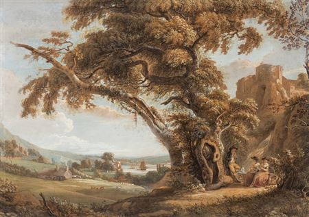 Figures by a Waterfall, with a Castle and a River Estuary Beyond