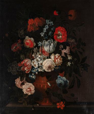 Still Life of Tulips, Narcissi, Roses, Peonies, Carnations and Other Flowers in a Vase on a Stone Ledge