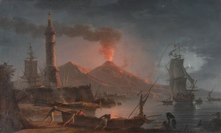 A Nocturnal View of Mount Vesuvius Erupting
