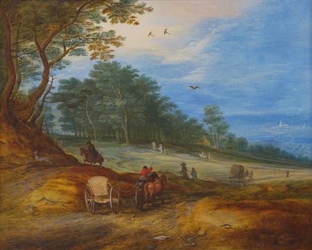 A Wooded Landscape with Horse-Drawn Wagons