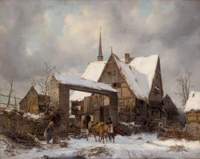 Winter landscape with a snow-covered farmstead