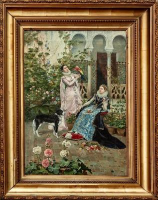 Ladies in the courtyard with parrot and dog