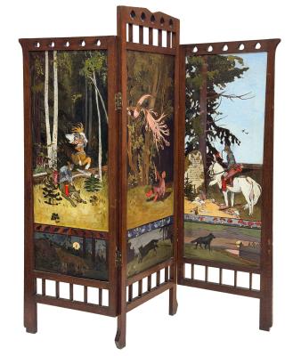 A Painted Canvas Three-Panel Screen illustrating Tsarevich Ivan, The Firebird, and the Gray Wolf, ca. 1924