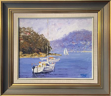 'Harbour Series', boats moored in an estuary or lake'
