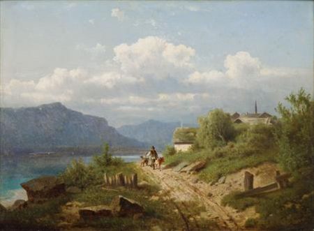 Sample artwork by Adolf Chwala (1836 - 1900), known for dramatic landscape painting with stormy skies, rich coloration - View similar artists and auction records