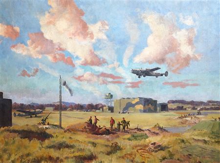 WW2 airfield with bombers coming in to land