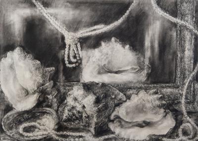 Frame, pearl necklaces and shells