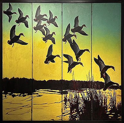 Black Ducks Alighting - Floor Screen