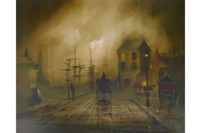 19thC Harbour Scene with Masted Ships, Horse and Carriage