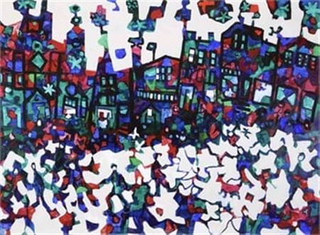 Sample artwork by Janet Mitchell (1912 - 1998), known for modernist, naive watercolor land-townscape and genre painting - View similar artists and auction records