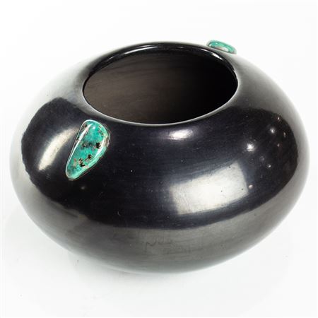 San Idelfonso blackware bowl with applied turquoise stones