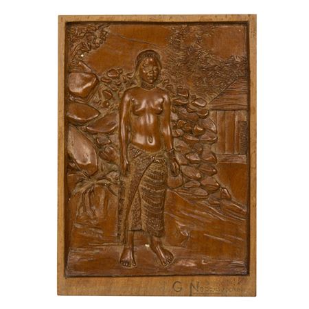 Bas relief carved wood plaque