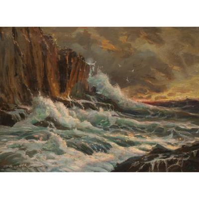 Waves Crashing Beneath a Threatening Sky