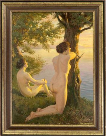 Two naked women on the lakeshore looking towards the sunset