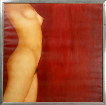 Female nude in front of red