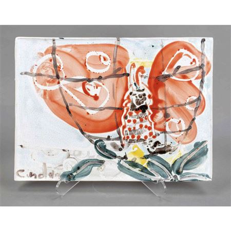 Tile, unique piece, Majolika Manufaktur Karlsruhe, ceramic, faience painting with butterfly motif