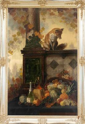 Very large still life with wine and various fruits with a fichs looking down from a balustrade