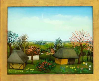Wide landscape with blossoming fruit trees