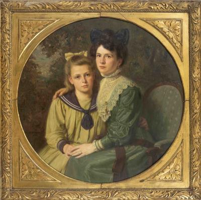 Large round double portrait of a mother with her daughter in a park landscape