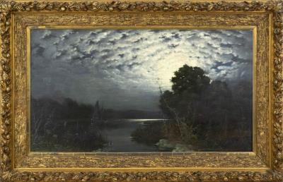 Monumental riverside landscape with sailboat in moonlight