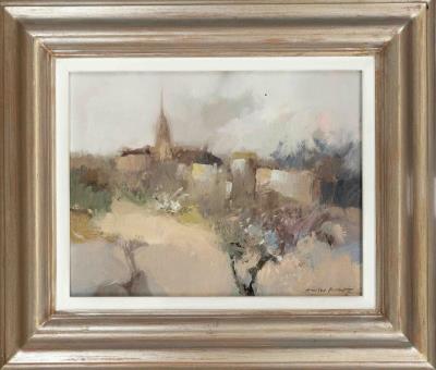Impressionistic landscape with church tower