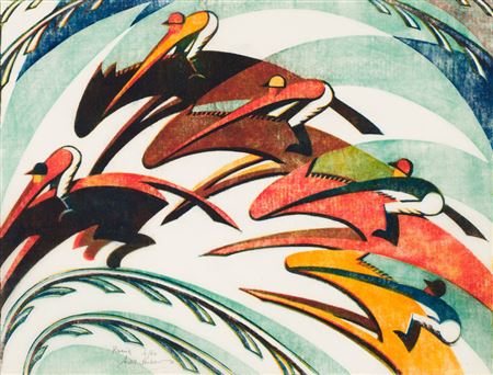 Racing by Sybil Andrews - Auction record, sale price, and art valuation. Compare with similar artists and explore comparable artworks.