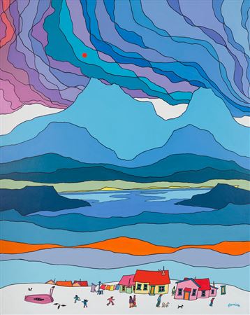 Sample artwork by Ted Harrison (1926 - 2015), known for yukon scene painting, illustration, drawing, murals, stained glass, prints, teaching - View similar artists and auction records
