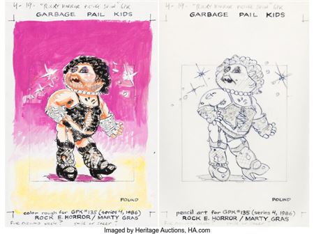 John Pound Garbage Pail Kids Series 4 Card #135 "Rock E. Horror" Preliminary Original Art Group of 2 (Topps, 1986)