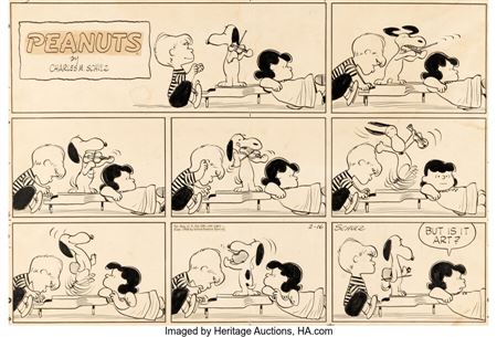 Charles Schulz Peanuts Sunday Comic Strip Snoopy, Lucy, and Schroeder Original Art dated 2-16-58 (United Feature Syndicate, 1958)