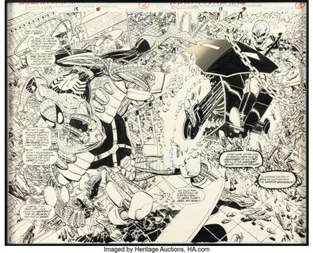 Spider-Man #18 Ghost Rider Double Splash Pages 2-3 Original Art (Marvel, 1992) by Erik Larsen - Auction record, sale price, and art valuation. Compare with similar artists and explore comparable artworks.