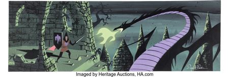 Eyvind Earle - Sleeping Beauty Prince Phillip and Maleficent as a Dragon 27" x 9" Signed Concept Painting (Walt Disney, 1959)