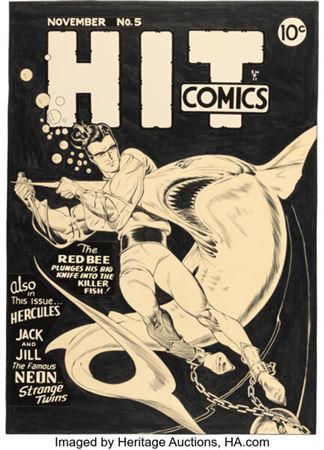 Sample artwork by Lou Fine (1915 - 1971), known for comic book superheroes, penciller and inker - View similar artists and auction records