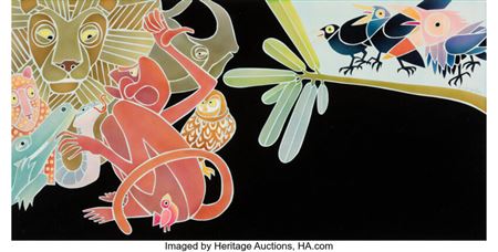 Why Mosquitoes Buzz in People’s Ears children's book interior by Leo Dillon - Auction record, sale price, and art valuation. Compare with similar artists and explore comparable artworks.