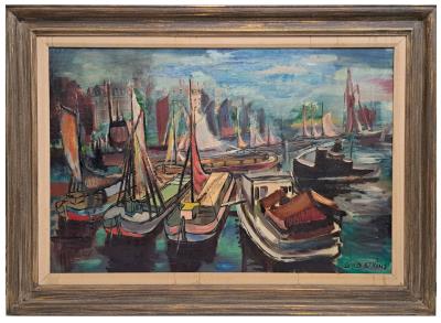 Mid Century Original Riverboats Ships Sailboats Seascape Oil On Canvas Painting