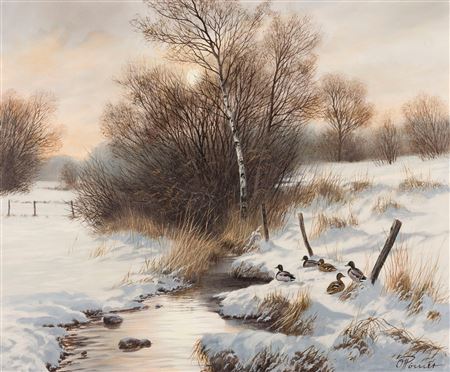 Ducks in Winter by the Stream