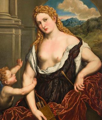 Venus and Cupid under a Colonnade, with a View of a Mountainous Landscape Beyond