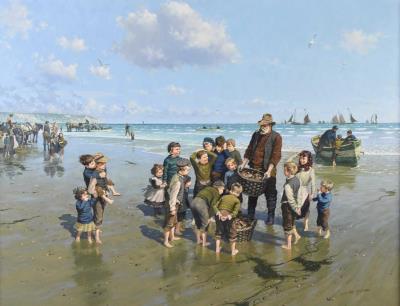 Filey Beach, children gathered around a fisherman's catch on the beach