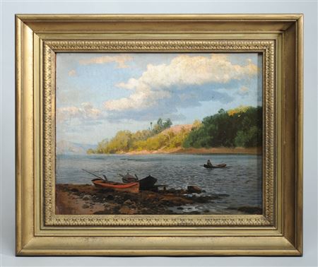 Landscape with lake and boats