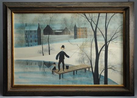 A father and son fishing from a pier in a winter landscape